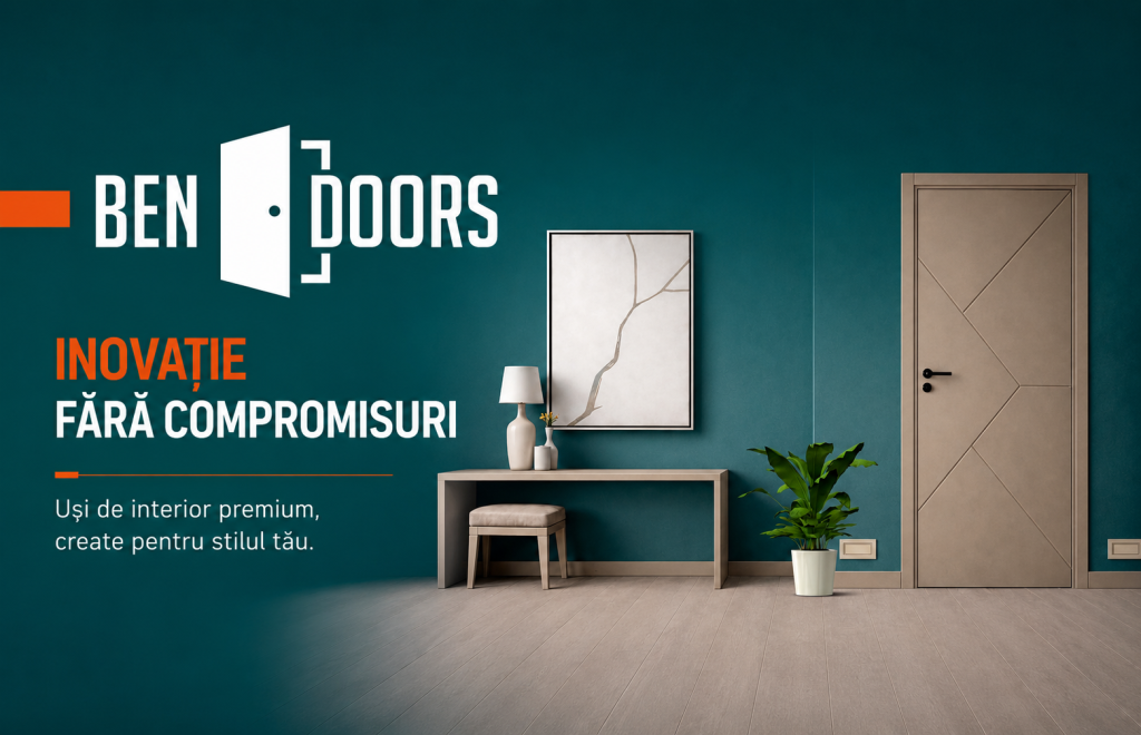 Banner BENDOORS: Inovație fără compromisuri - Uși de interior premium din WPC rezistente la apă, fabricate în România de Bencomp.